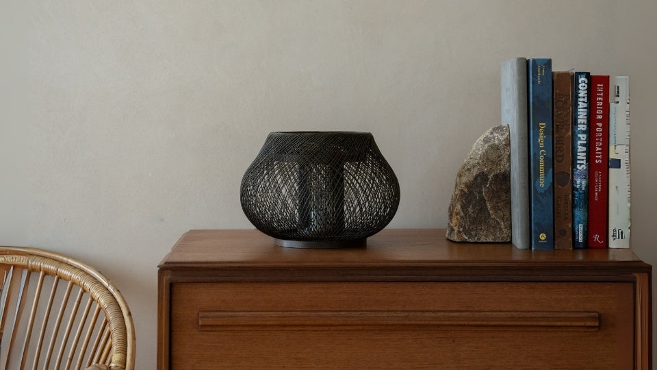 Japanese Bamboo Table Lamp "Kisaragi" on a wood shelf in Japandi room - Unique Bamboo night lamps for bedroom