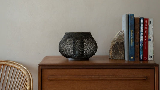 Japanese Bamboo Table Lamp "Kisaragi" on a wood shelf in Japandi room - Unique Bamboo night lamps for bedroom