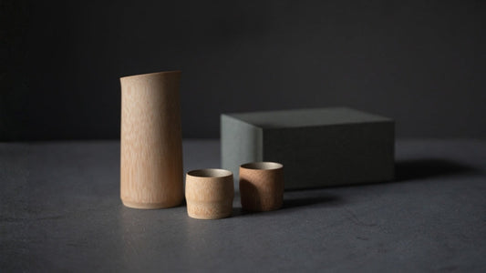 Gift set of Japanese bamboo sake bottle and cups, crafted with traditional techniques from Kyoto, Japan. 