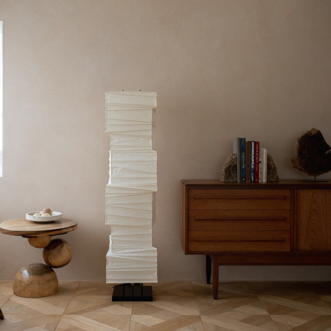 Japanese Paper Floor Lamp in Japandi Living Room