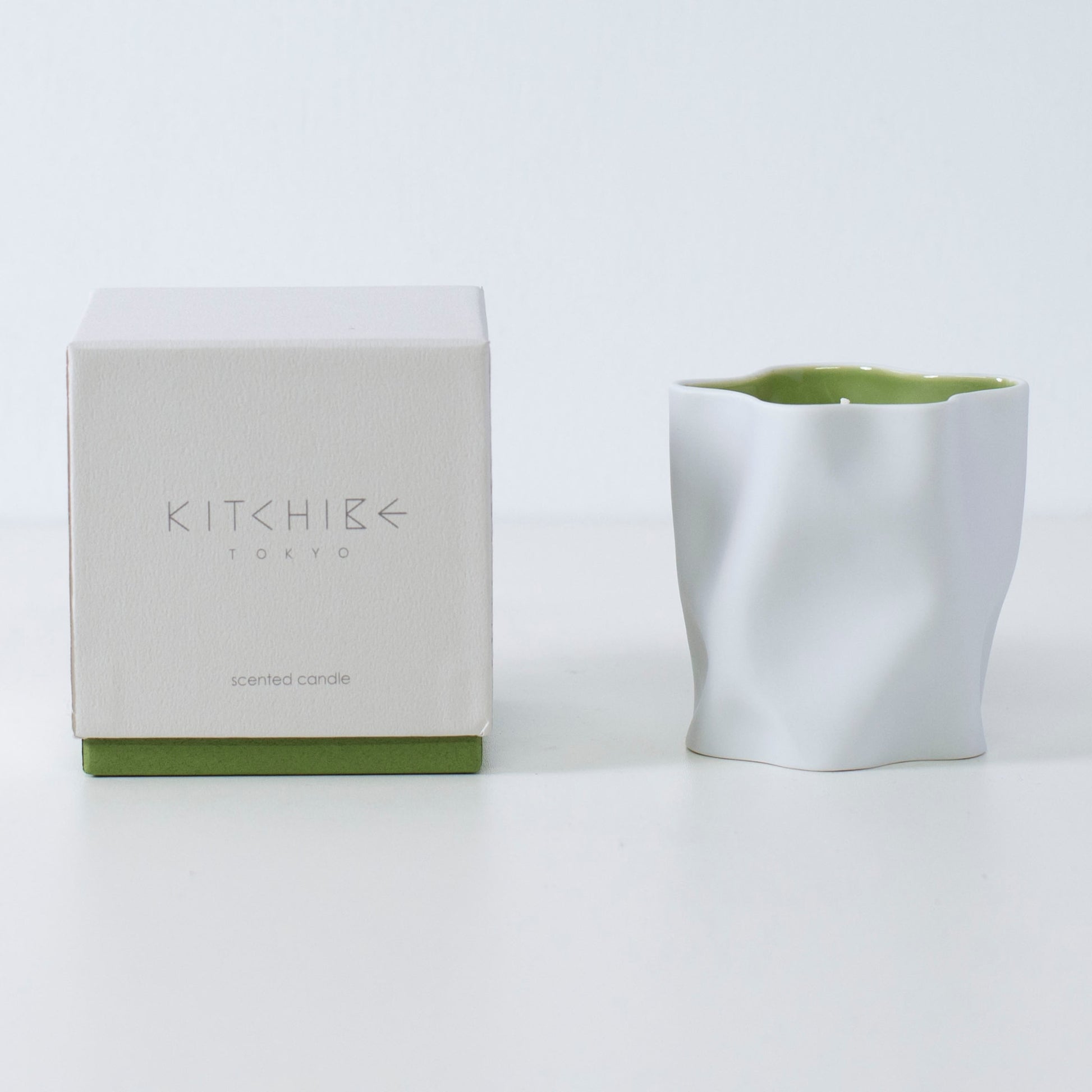 Japanese candle MATCHA with green tea, jasmine, and Japanese Incense in white Seto porcelain holder