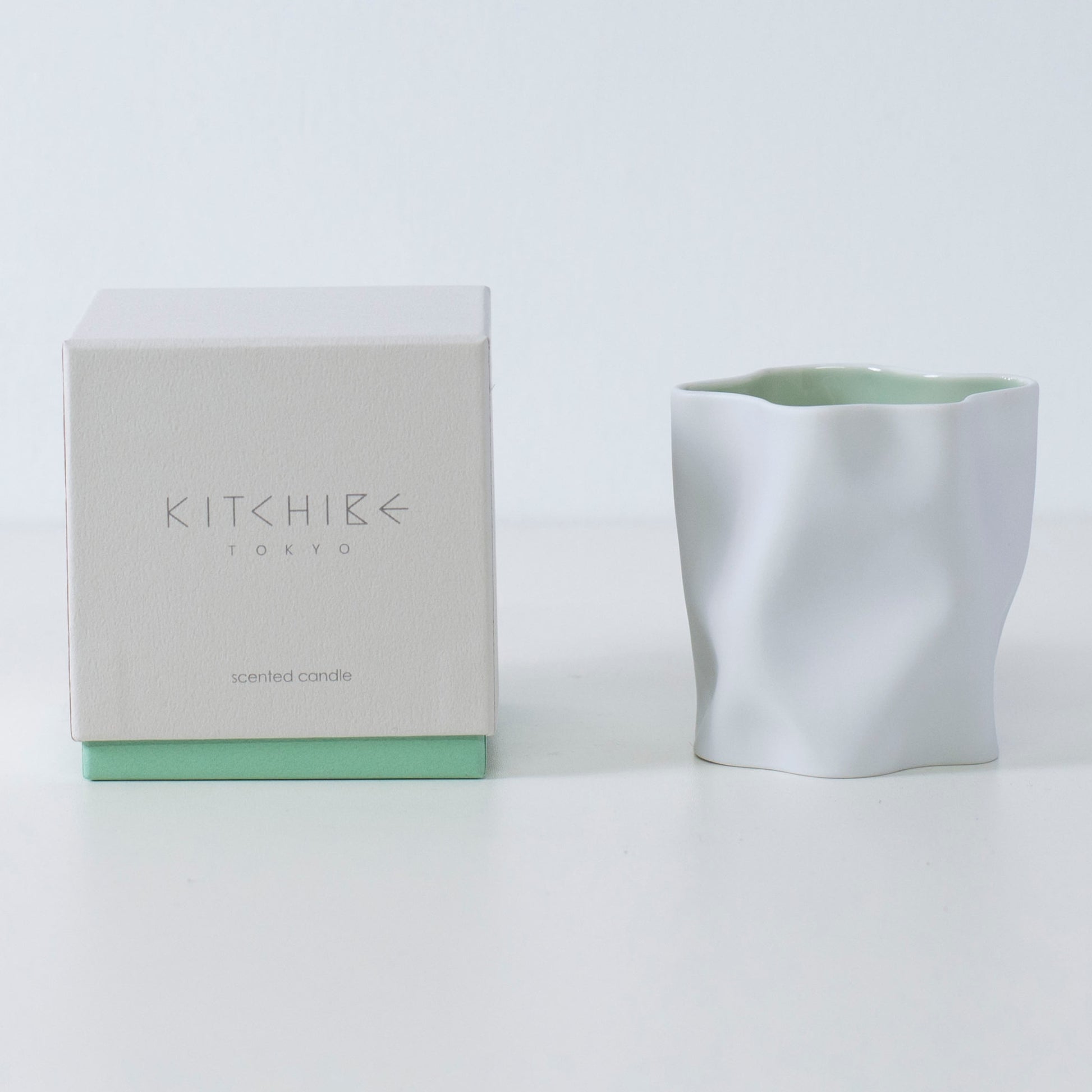 Japanese candle YUKI with mint, powder snow, and Japanese Incense in snowy white porcelain vessel