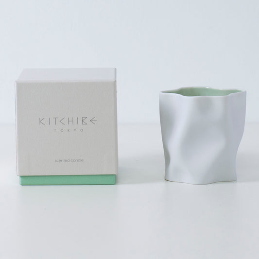 Japanese candle YUKI with mint, powder snow, and Japanese Incense in snowy white porcelain vessel