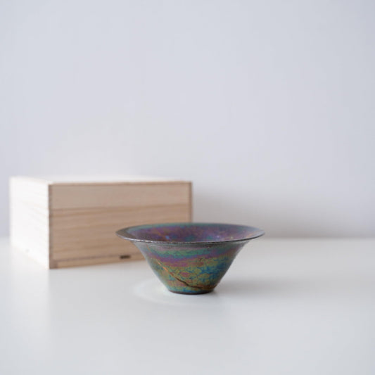 Kintsugi Bowl "Rainbow Luster" with beautiful gold repairs, presented in a Paulownia Wood Box.