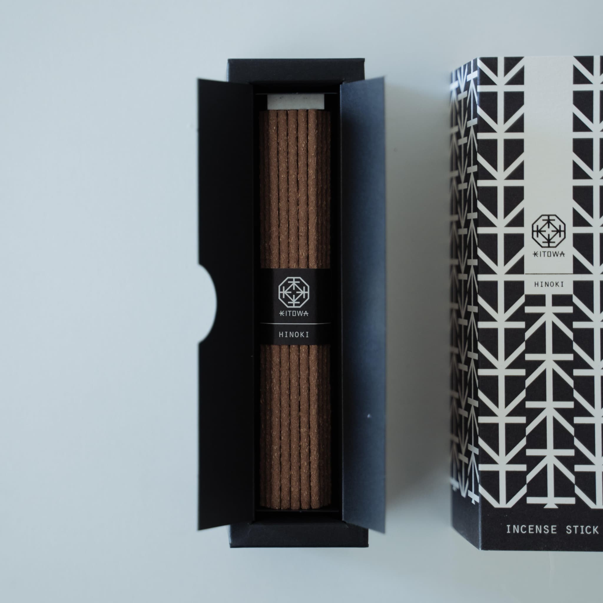 A package of fragrant Hinoki wood incense sticks in a minimalist design.
