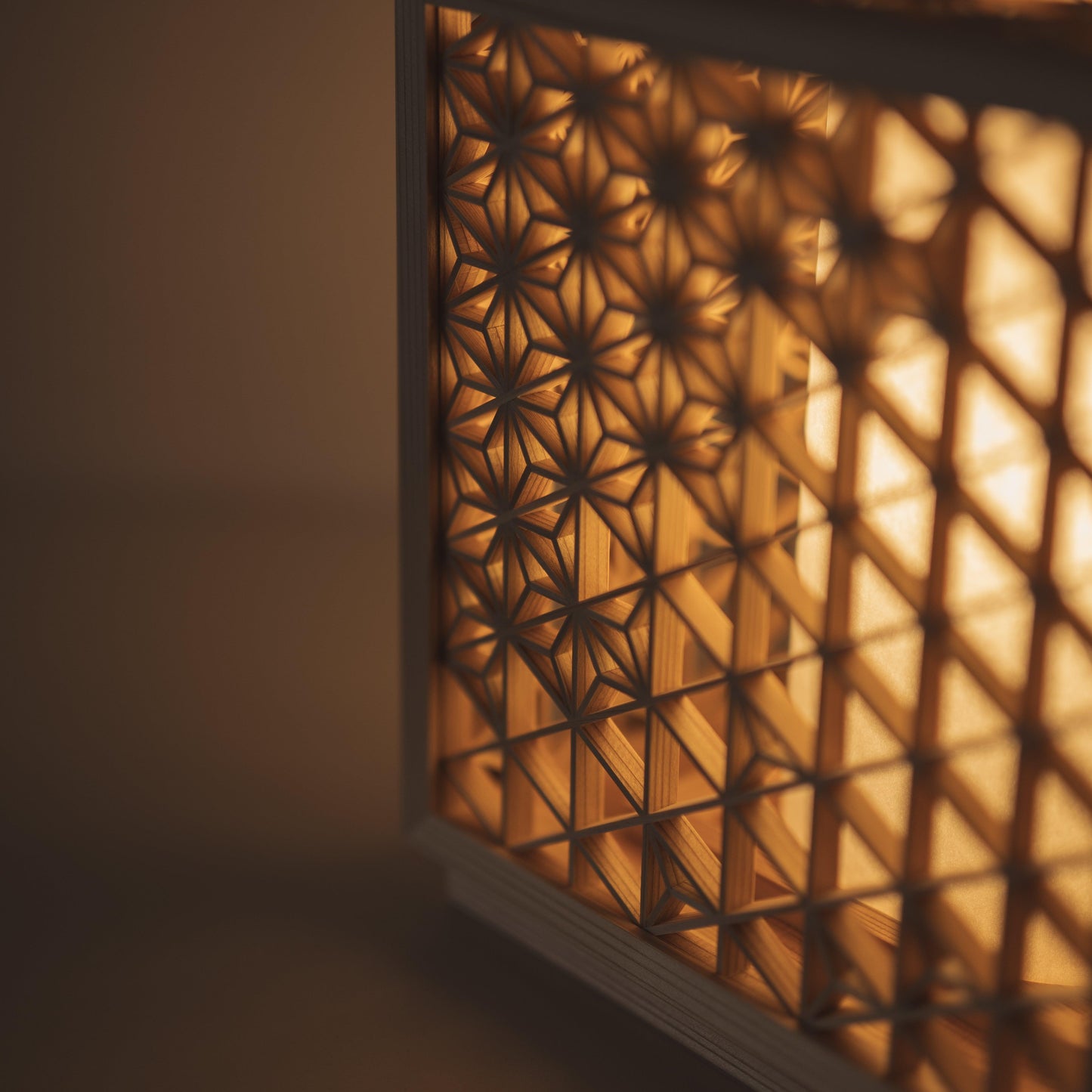 Japanese kumiko lamp, meticulously handcrafted with 600 pieces of premium Akita cedar, showcasing the intricate geometric patterns and warm glow of this traditional Japanese woodworking technique.