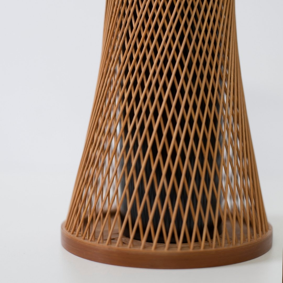 Japanese Bamboo Flower Vase 'Kanon'—a warm brown bamboo vase, expertly woven, perfect for Japandi-style interiors