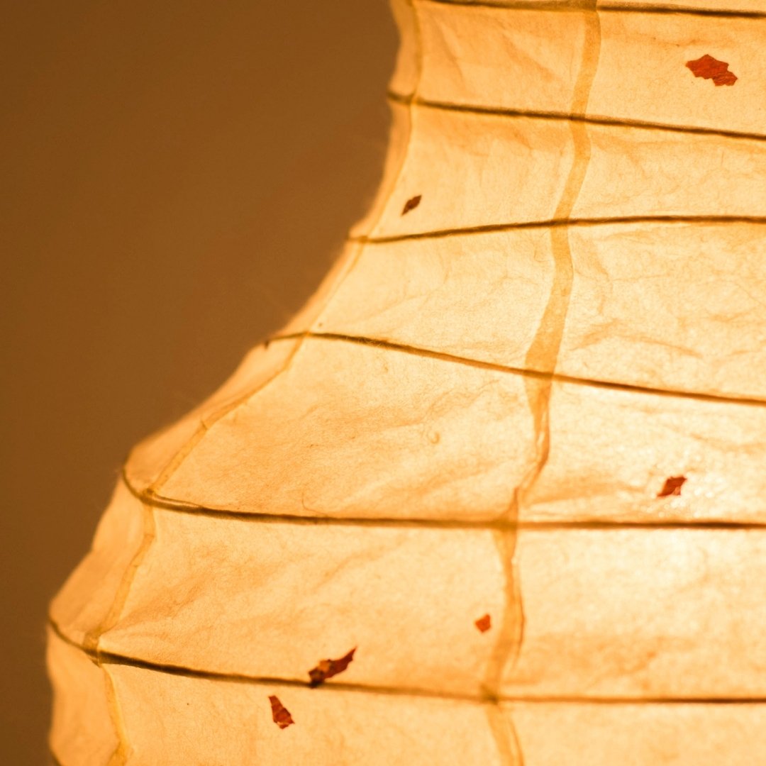 Warm glow from Japanese Paper Floor Lamp “BEANS LIGHT” Small - washi paper standing lamp for living room