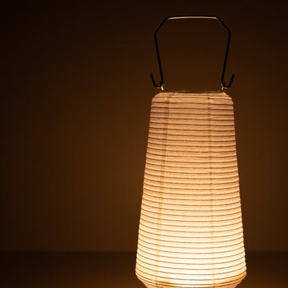 Close-up of slim Japanese paper table lamp RIN 04, warm vertical Japanese table lamp glow