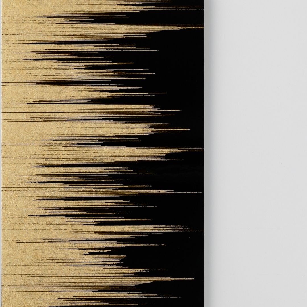 Close-up of Japanese wall art Kushibiki black large – brass foil line wabi sabi decor