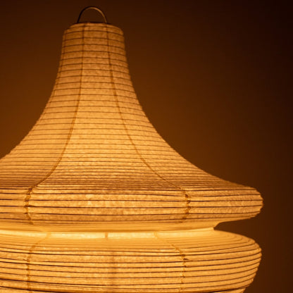 Close-up of glowing Japanese paper floor lamp GEMINI 02, warm sculptural washi Japanese lamp