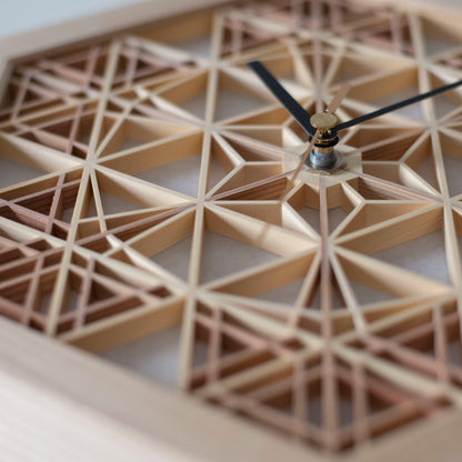 Detailed view of a Japanese kumiko clock, showcasing the intricate patterns created by joining small wooden pieces.