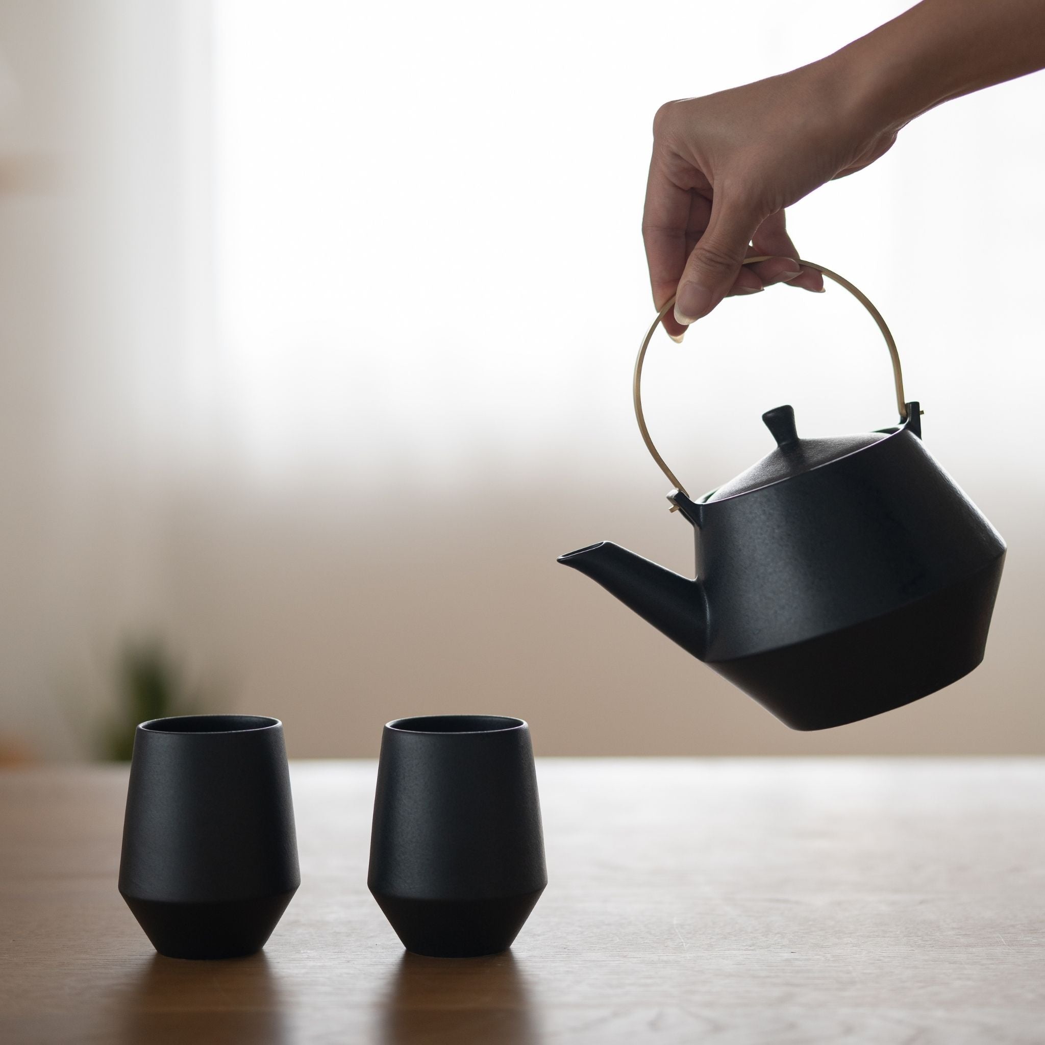 Frustum Japanese Teapot Set – Black Mino Ware Teapot and Yunomi Cups for Japandi Interior