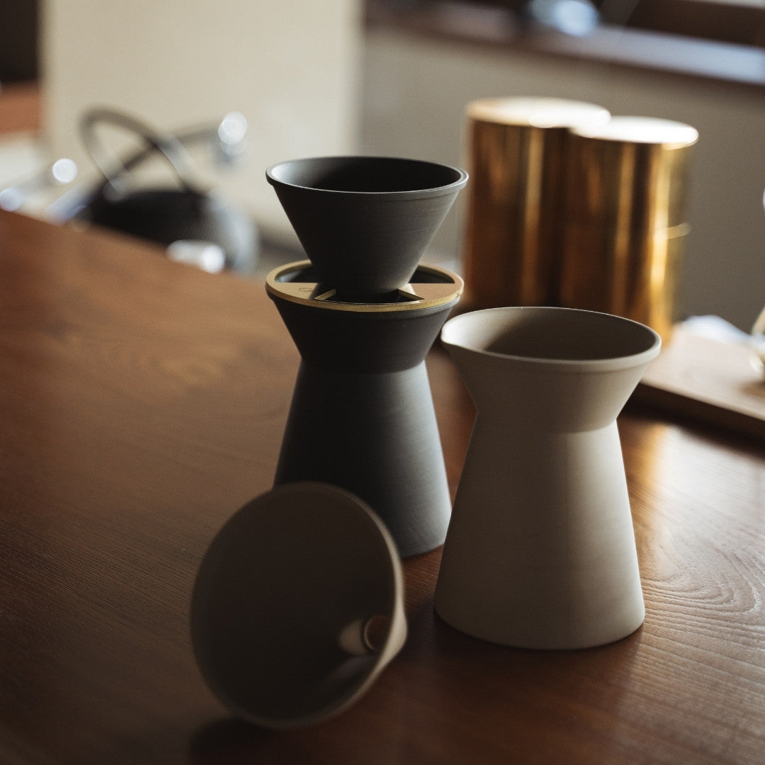 Japanese Handcrafted Coffee Server & Dripper on a wooden table in a Japandi Kitchen