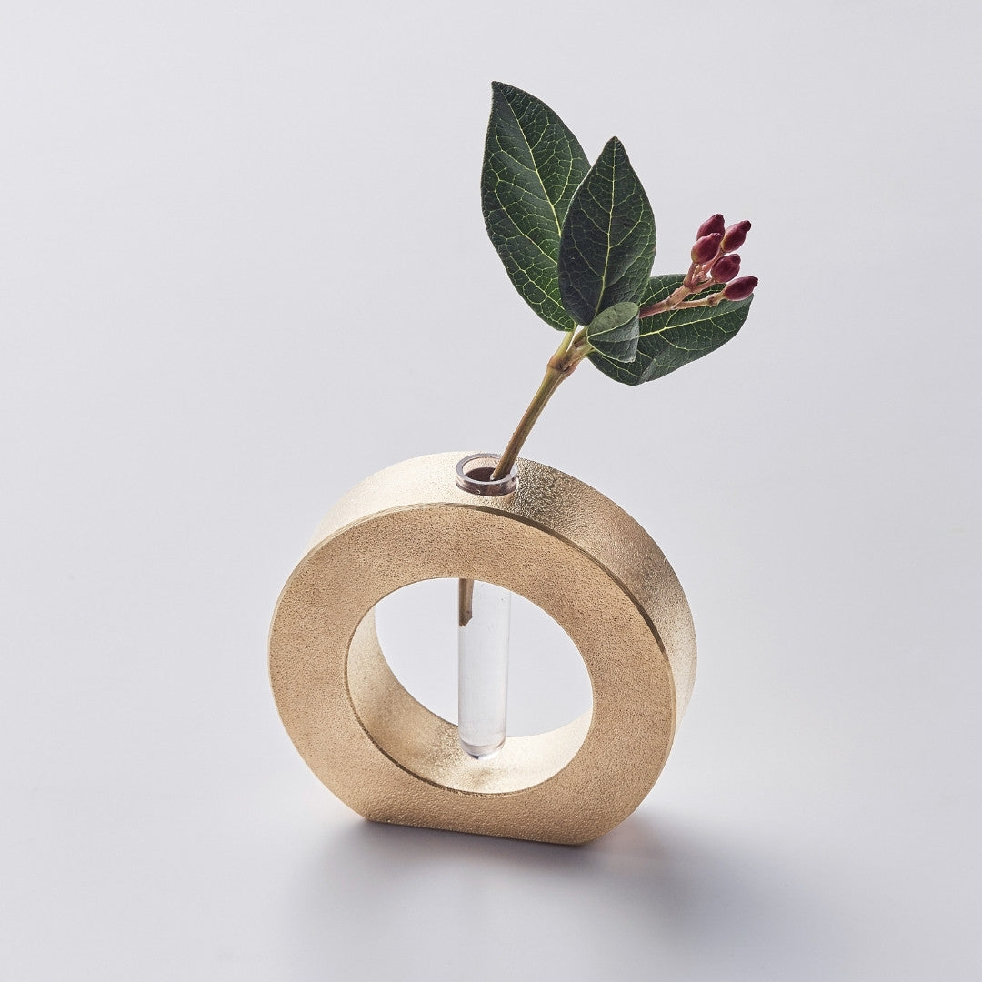 Ikebana flower arrangement with Japanese vase "Bush of copper" handcrafted in recycled alloy