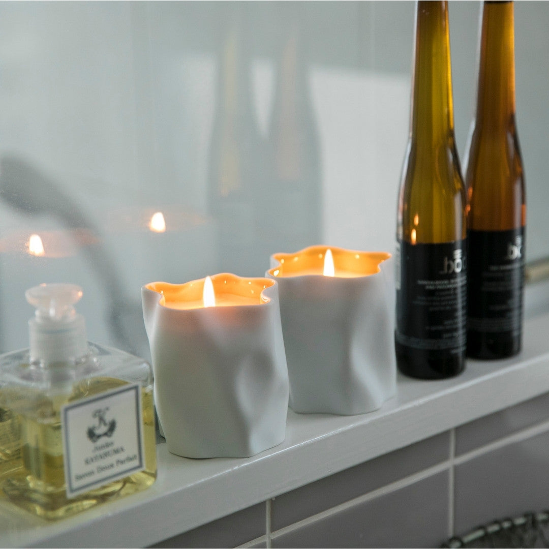 Scented Japanese candle in wabi sabi bathroom, Japandi decor with minimalist and calming fragrance