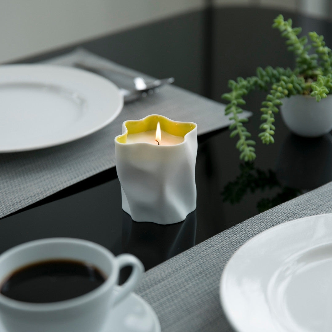 YUZU Japanese scented candle on Japandi table, wabi sabi kitchen decor with citrus-inspired fragrance