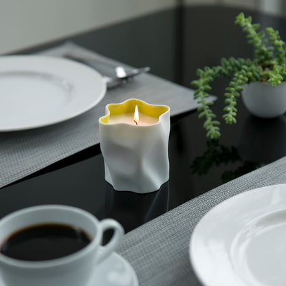 YUZU Japanese scented candle on Japandi table, wabi sabi kitchen decor with citrus-inspired fragrance
