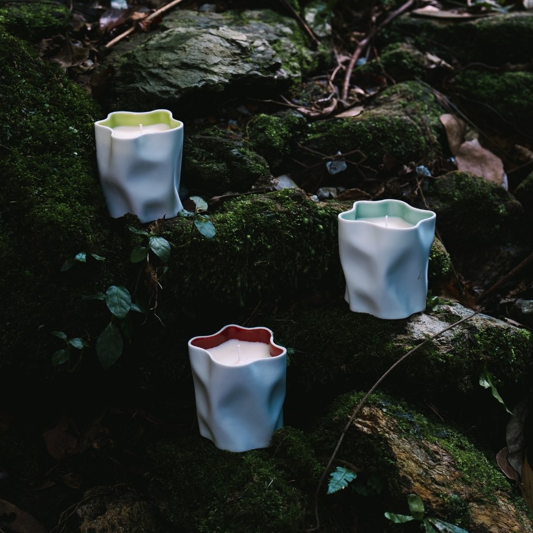 KITCHIBE Japanese candles on mossy rocks, wabi sabi pottery and Japandi style with natural fragrance