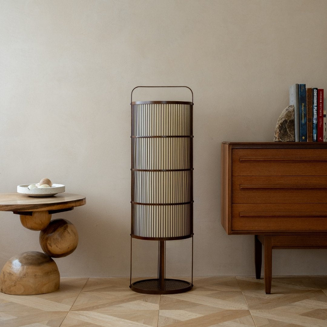 Japanese Bamboo Floor Lamp "Ajiro-base" in Japandi style interior – Tall nightstand lamps for Wabi-Sabi living room