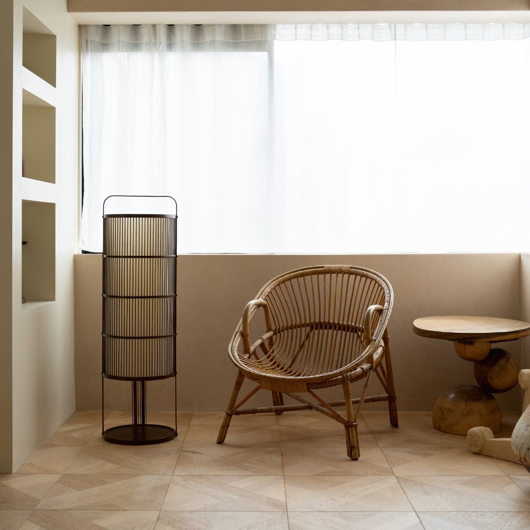 Japanese Bamboo Floor Lamp "Ajiro-base" in Japandi style space - Wabi-Sabi tall nightstand lamp for living room