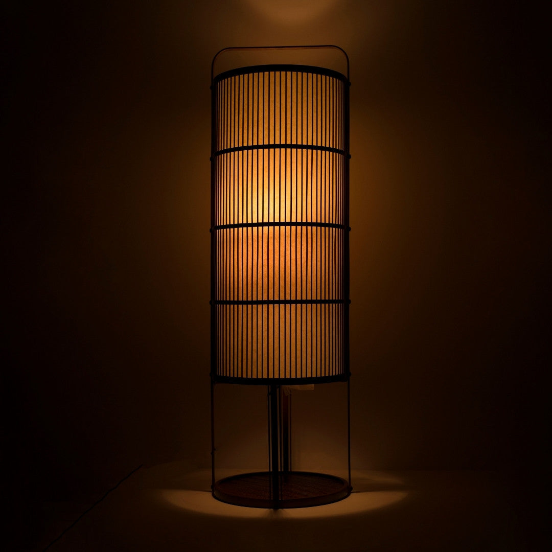 Japanese Bamboo Floor Lamp "Ajiro-base" illuminating a dark room - Authentic Bamboo standing lamp for living room
