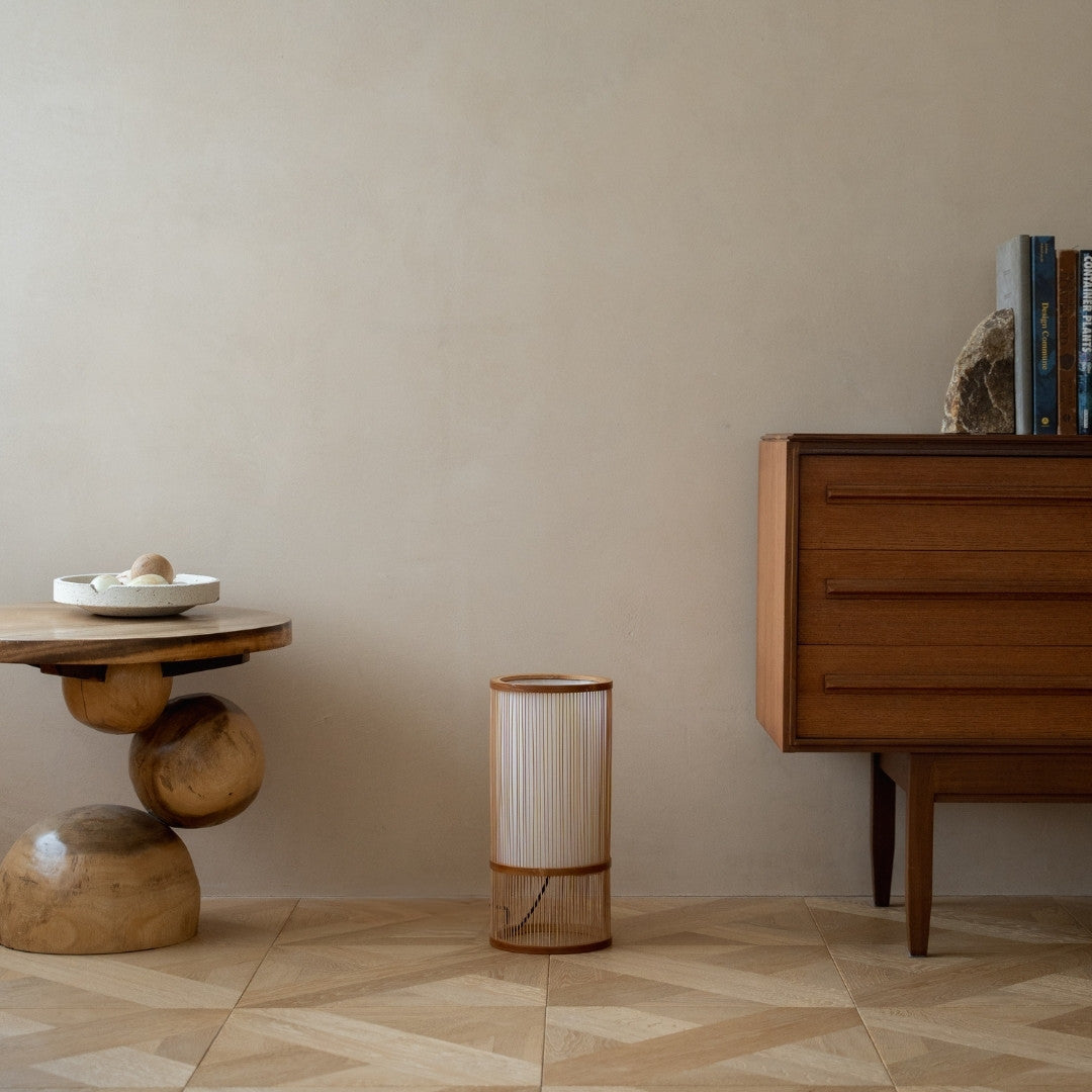 Japanese Bamboo Floor Lamp "Tutu" Small in Japandi style interior – Stylish wabi-sabi floor living room lamp & bedroom