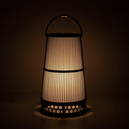 Japanese lamp crafted with 800-year-old Shizuoka bamboo artistry. Delicate bamboo strips create intricate patterns, casting a warm glow through Japanese paper.