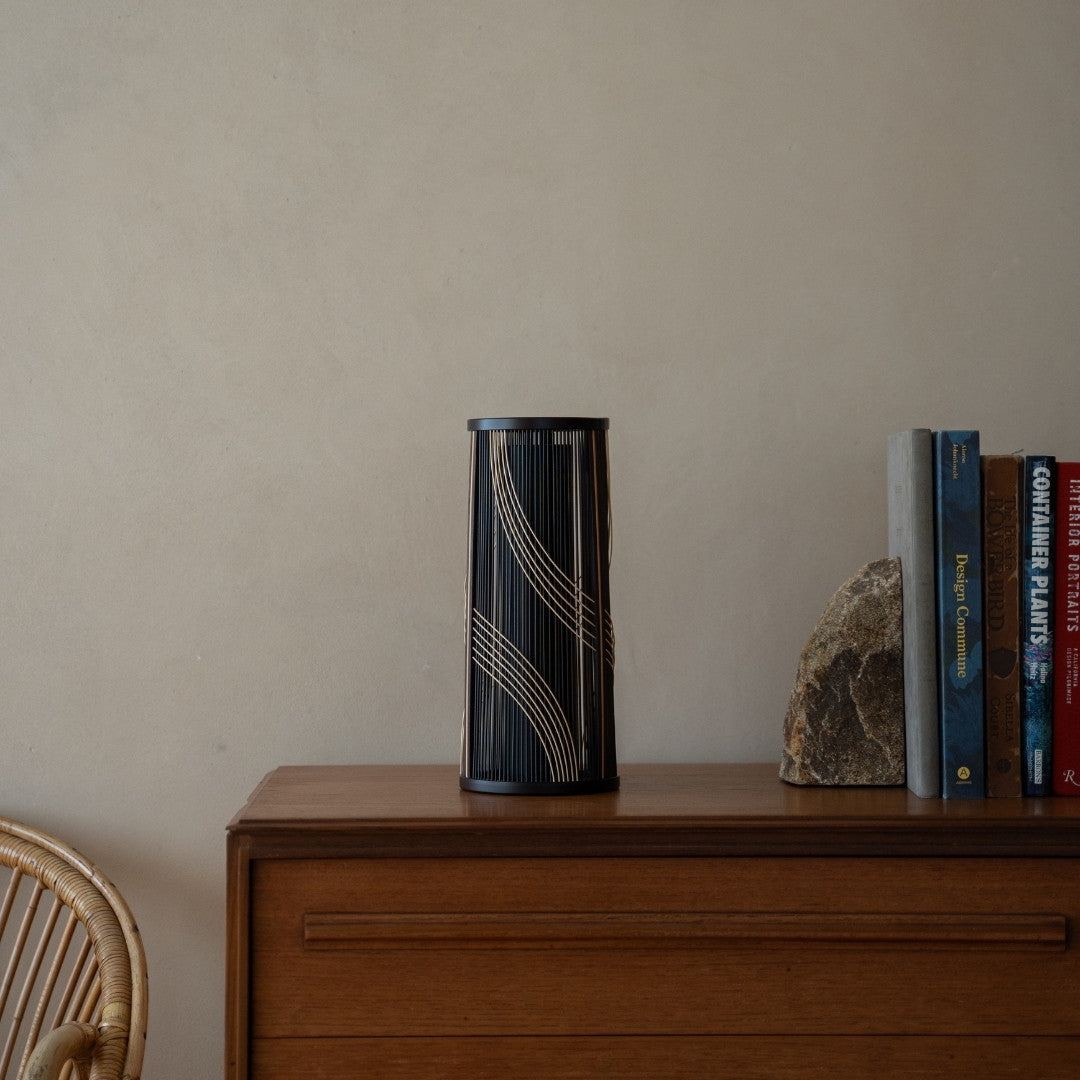 Japanese Bamboo Flower Vase “Flowing Water” on a wood shelf in Japandi room - Unique ikebana flower vase with wabi-sabi