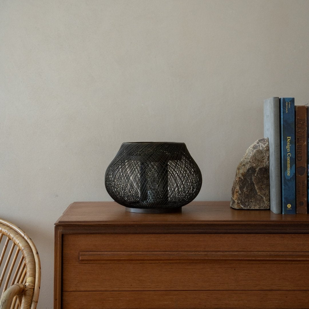 Japanese Bamboo Table Lamp "Kisaragi" on a wood shelf in Japandi room - Unique Bamboo night lamps for bedroom