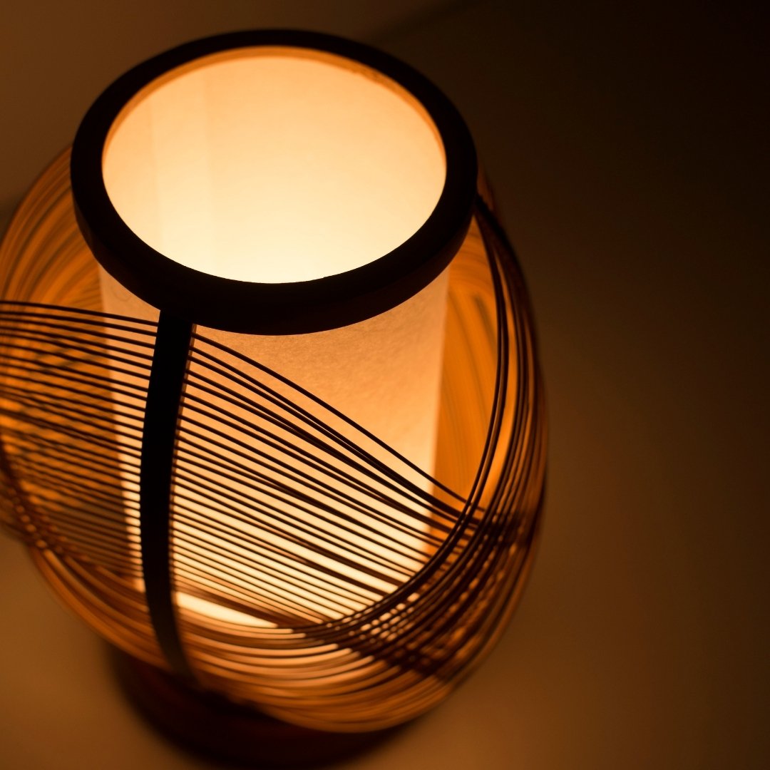 Japanese Bamboo Table Lamp "Koyou" emitting warm glow – elegant paper and bamboo lamp ideal as a bedside lamp