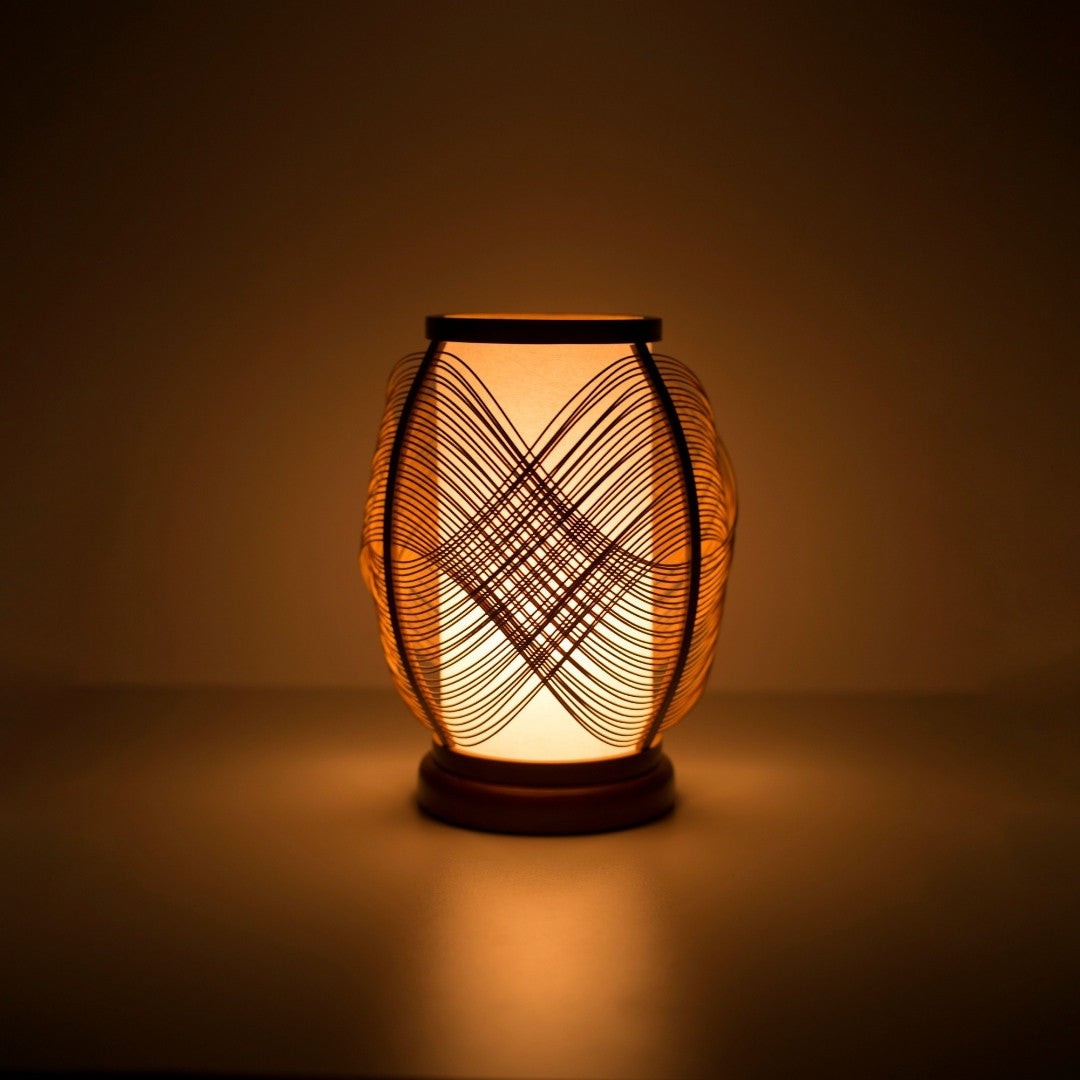 Japanese Bamboo Table Lamp "Koyou" illuminating a dark room - Elegant night stand lamp for cozy Bedroom