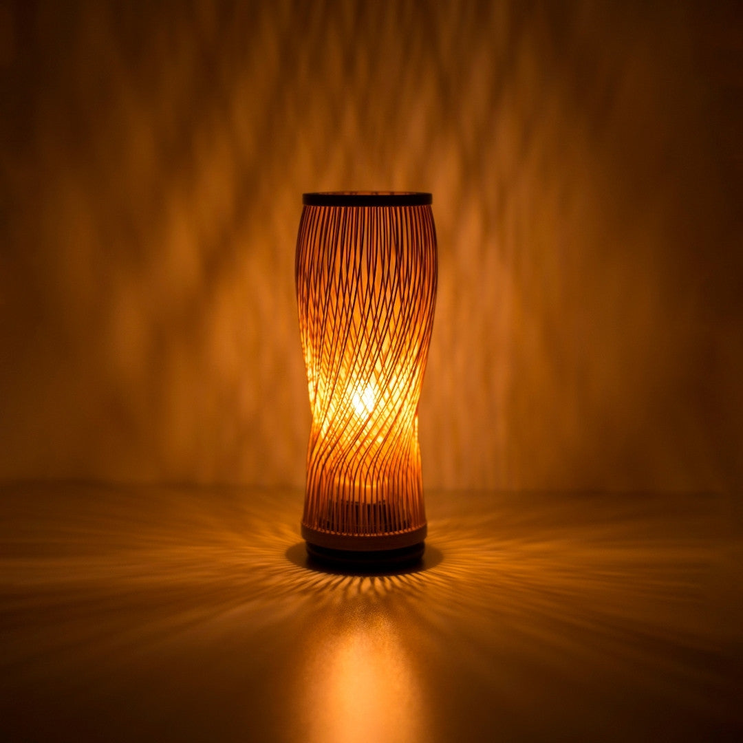 Japanese Bamboo Table Lamp “Single Bloom” illuminating a dark room - Authentic Bamboo Bedside Lamp