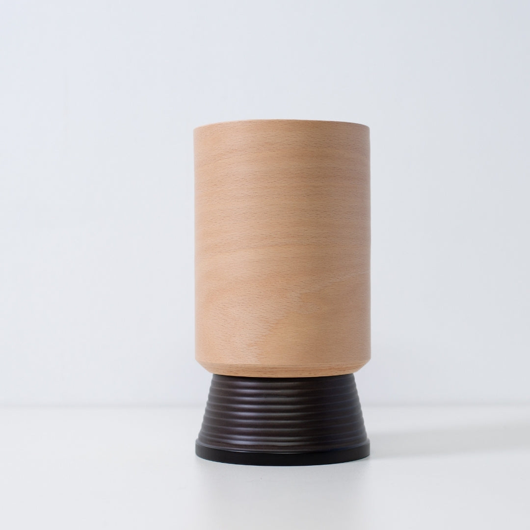 Handmade Japanese table lamp with beechwood cylinder shade, ideal wood light lamp for home decor.