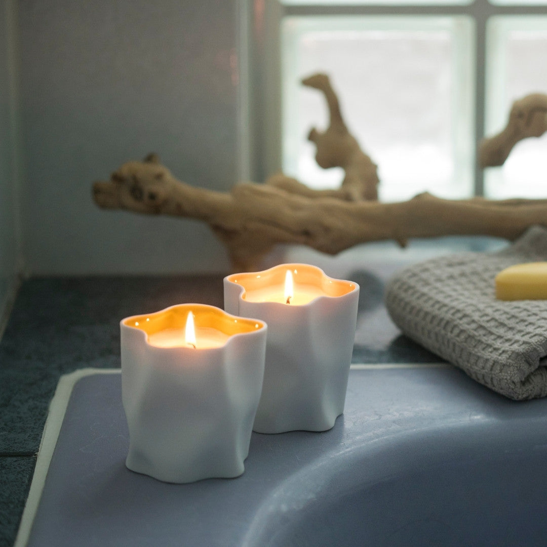 Wabi sabi Japanese candle in Japandi interior, natural minimalist decor with serene fragrance touch