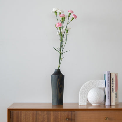 Japanese Cedar Ikebana Vase Indigo 02 on a wood console table in Japandi living room