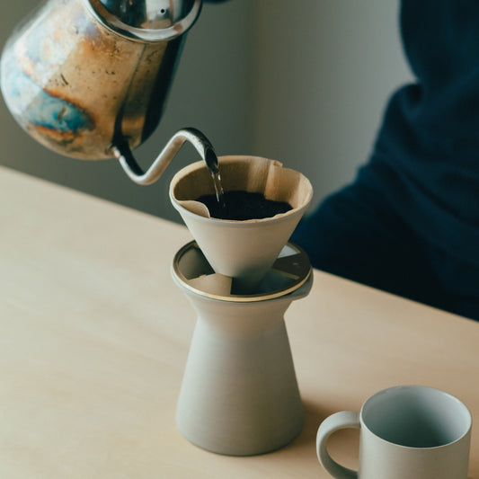 Japanese coffee dripper and server set for Japandi kitchen | handcrafted wabi sabi coffee set
