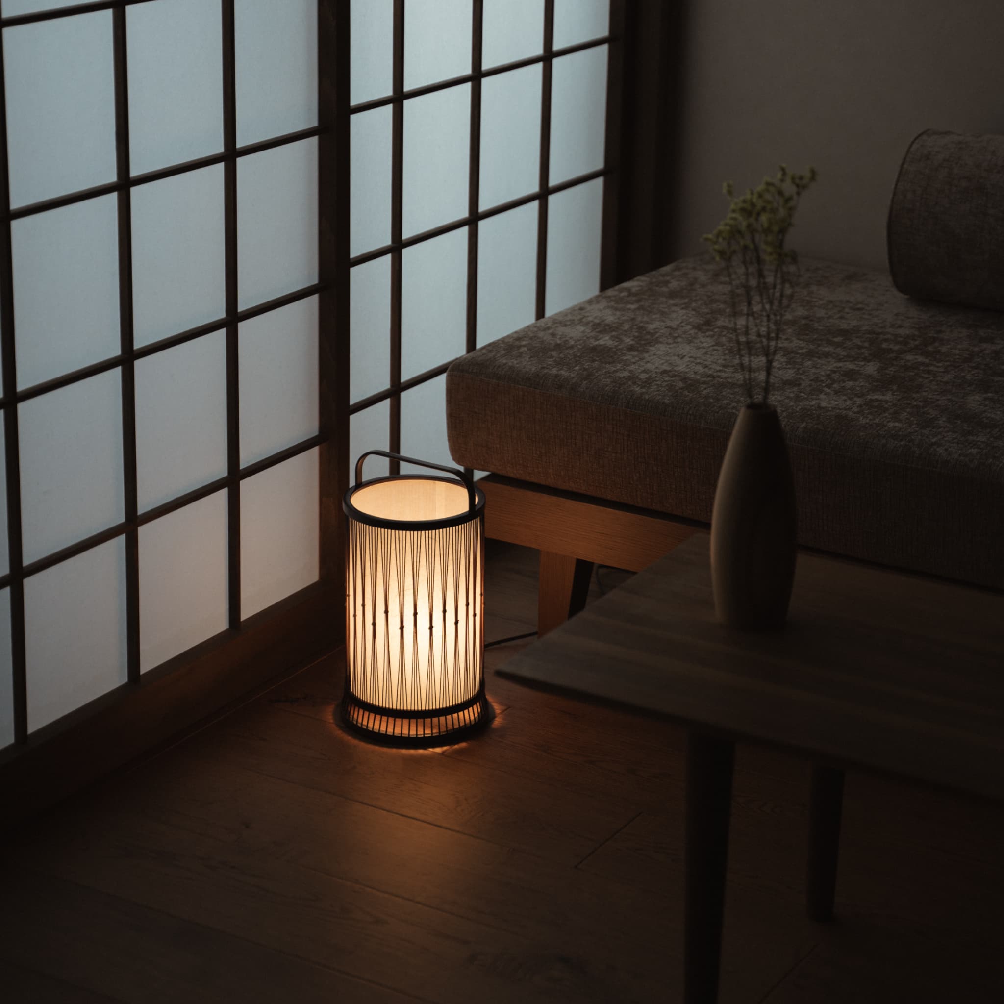 A Japanese bamboo floor lamp on the corner of Japandi living room.