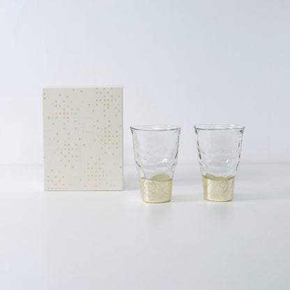 Elegant champagne gold sake glass set with Kanazawa leaf, crafted for aroma and flavor by HAKUICHI