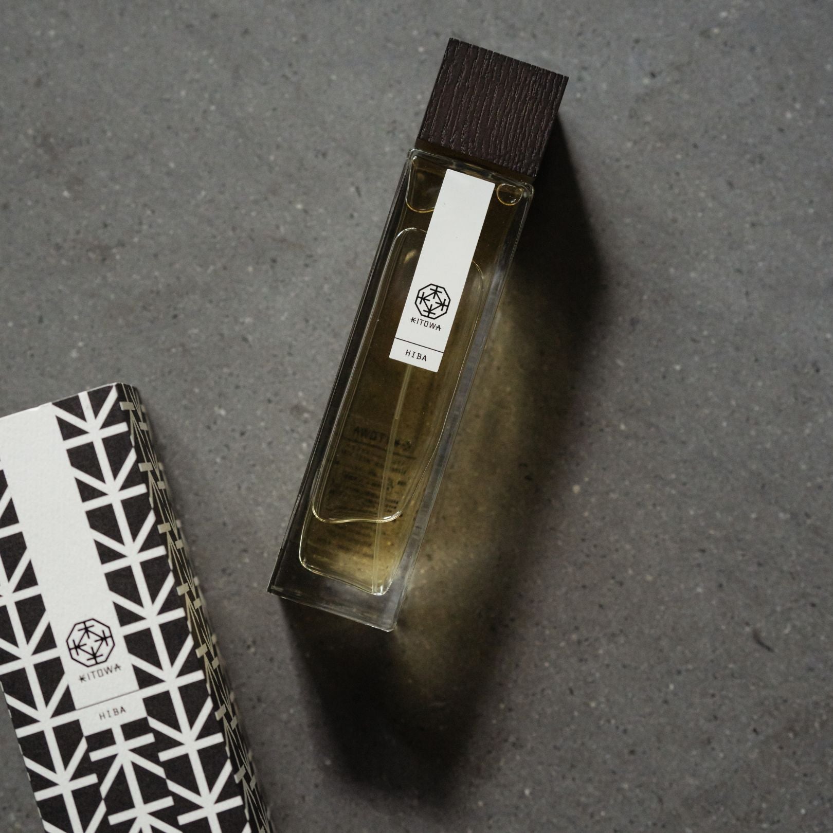 Japanese Room Spray "REFRESHER MIST HIBA" on Gray Table (Overhead View)