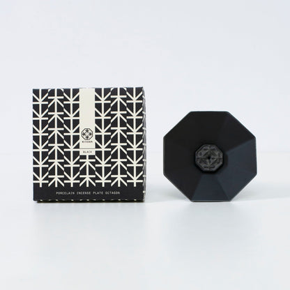 PORCELAIN INCENSE PLATE OCTAGON BLACK - Handcrafted ceramic incense holder with wabi-sabi for Japandi style room