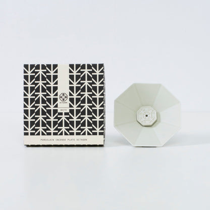 PORCELAIN INCENSE PLATE OCTAGON WHITE - Handcrafted ceramic incense holder with wabi-sabi for Japandi style room