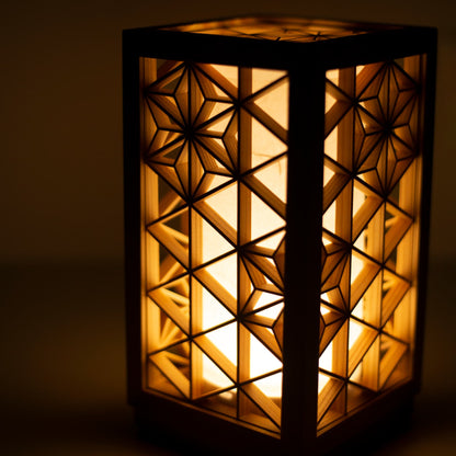 A table lamp using kumiko, a traditional Japanese technique of assembling small wooden pieces to create geometric patterns.