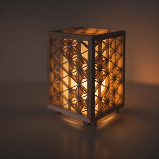 Japanese kumiko table lamp meticulously handcrafted using the 1400-year-old "kumiko" technique, assembling 360 pieces of premium Akita cedar into a mesmerizing cubic form.