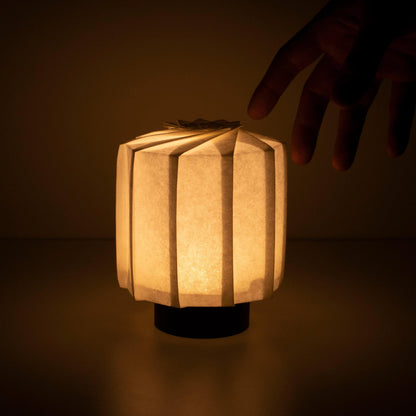 Hand holding a frameless Japanese table lamp crafted with traditional Kyo-hyogu and origami techniques, featuring a unique illuminated origami pattern.with hand