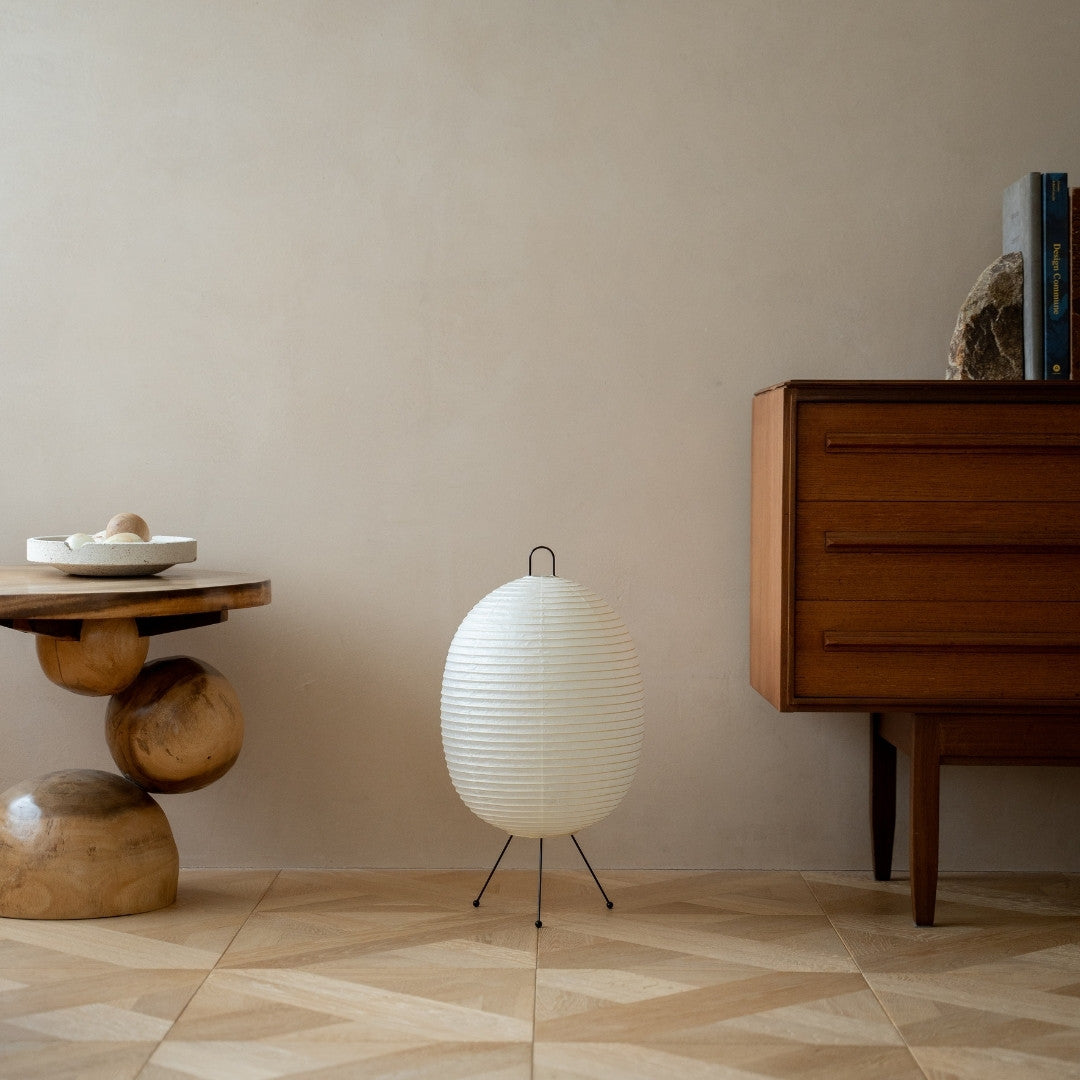 Japanese Paper Floor Lamp "Chochin lamp 02" in Japandi style interior – Wabi-Sabi standing floor lamp for living room