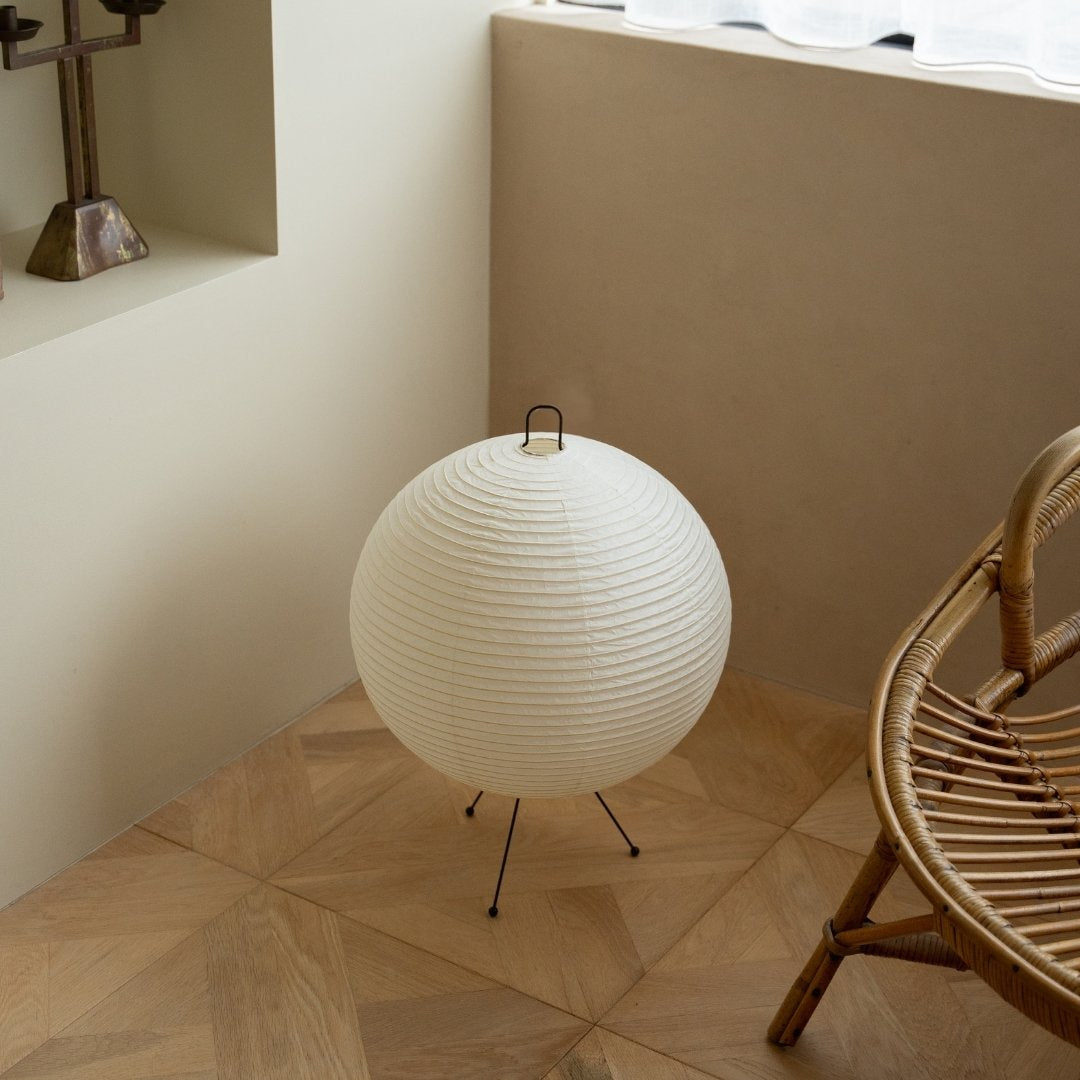 Japanese Paper Floor Lamp "Chochin lamp 03" with Japandi style chair - Stylish washi paper floor lamp for Japandi living room