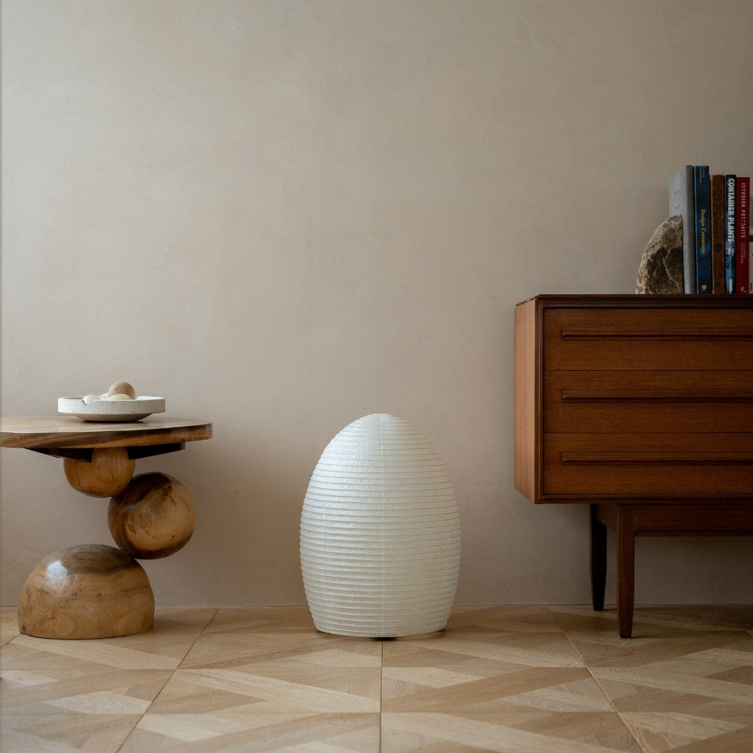 Japanese Paper Floor Lamp "paper moon 11" in Japandi style interior – Unique white washi standing lamp for living room