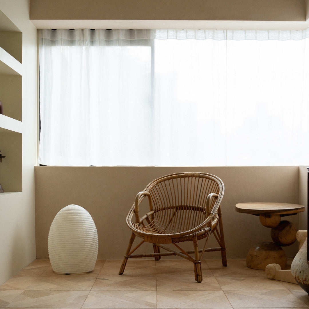 Japanese Paper Floor Lamp "paper moon 11" in Japandi style interior – Stylish wabi-sabi floor lamp for living room