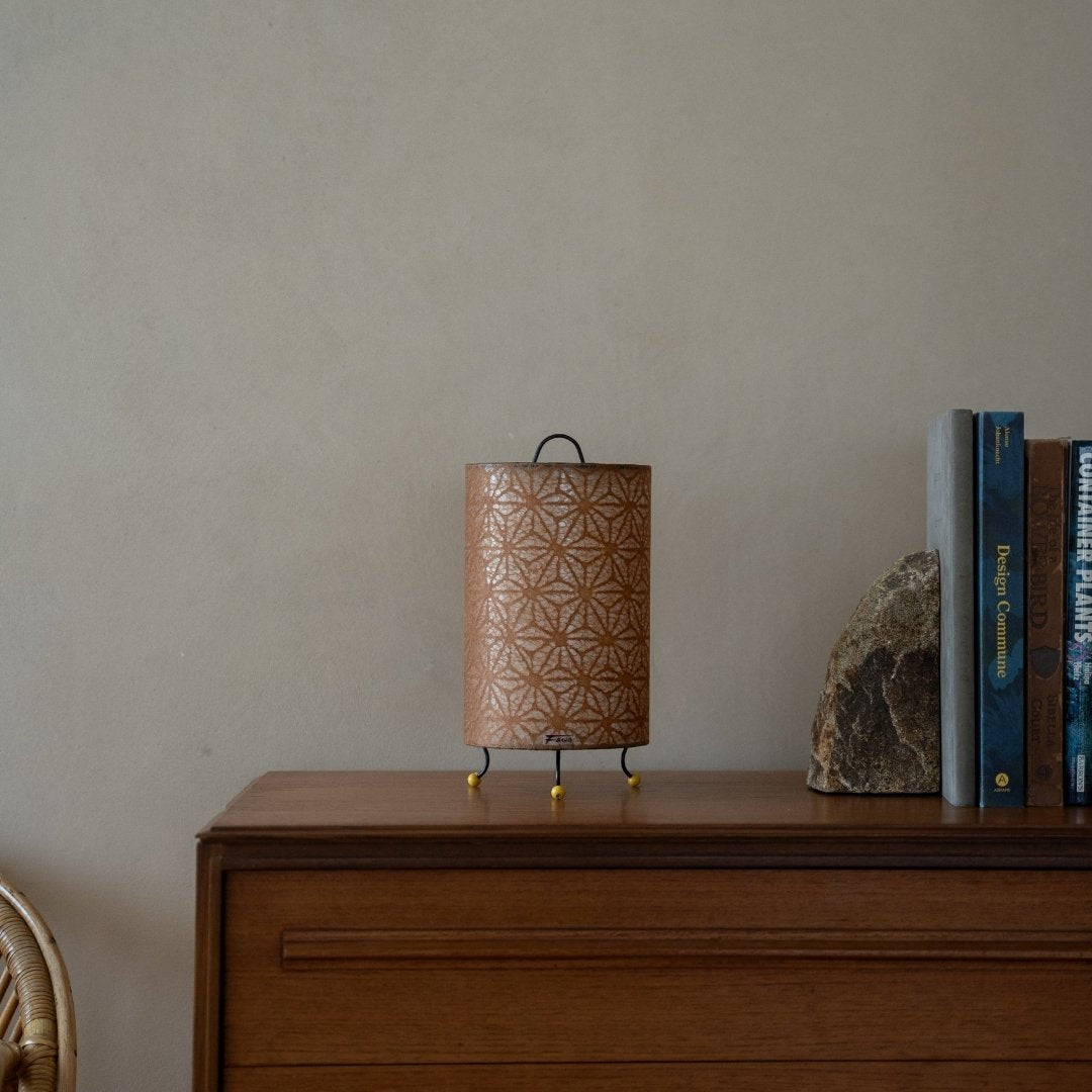 Japanese Paper Table Lamp "Lace Washi" Brown on a wood table in Japandi room - Bedside table lamp for wabi-sabi interior